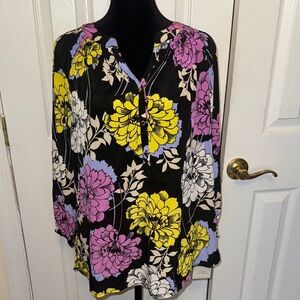 Dana Buchman Black Blouse with Yellow, Pink, and White Floral